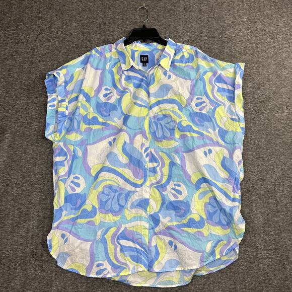Gap Women's Button Up Top 2XL Tall Blue Spring Print Lightweight Short Sleeve - Picture 2 of 5